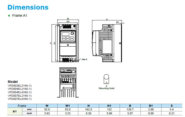 Kích thước lắp đặt biến tần Delta VFD-EL from A1