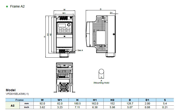 Kích thước lắp đặt biến tần Delta VFD-EL from A2