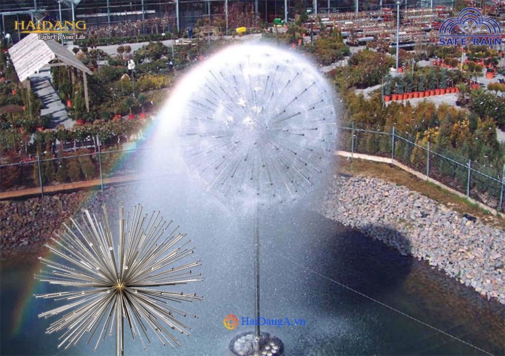 Đầu phun nước quả cầu Water Sphere Safe Rain với ứng dụng đài phun nước