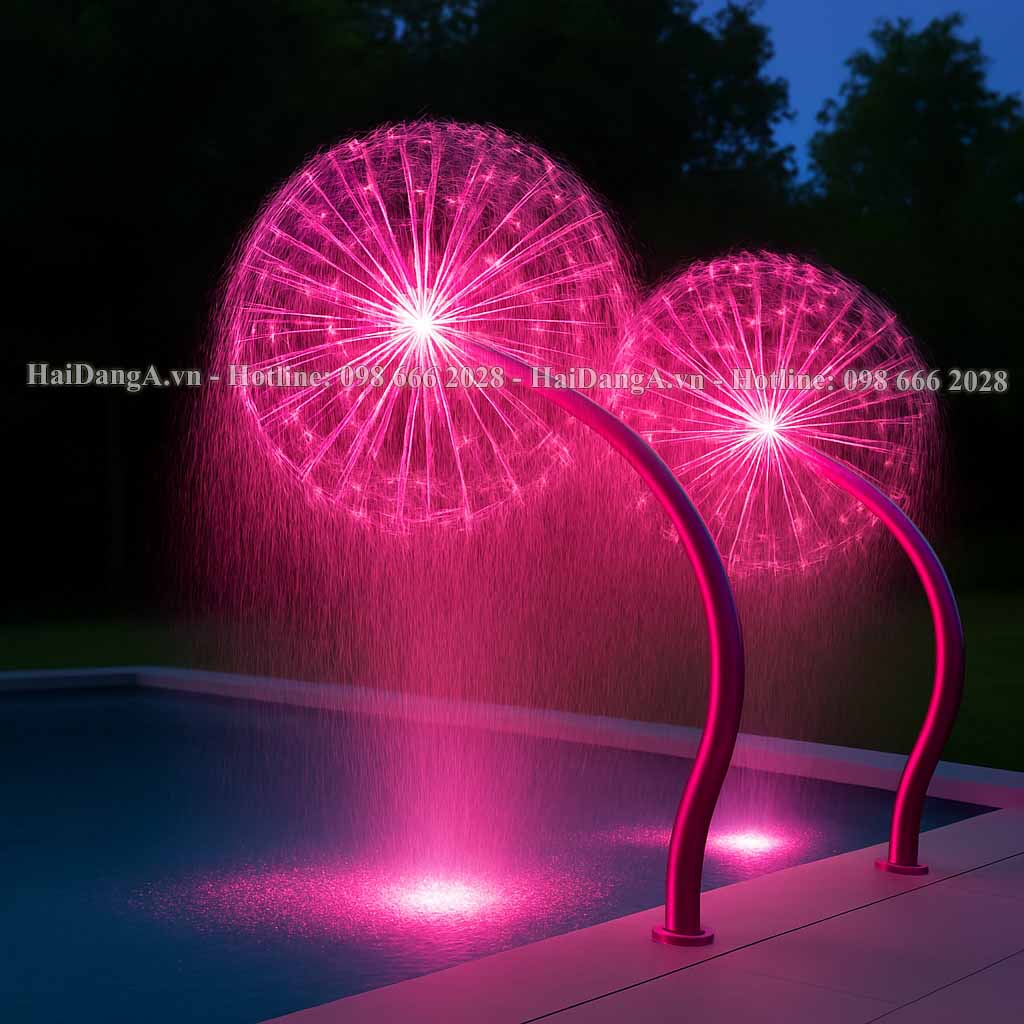 Đài phun nước hồ bơi hoa bồ công anh - Vòi phun nước hoa bồ công anh màu hồng bên hồ bơi