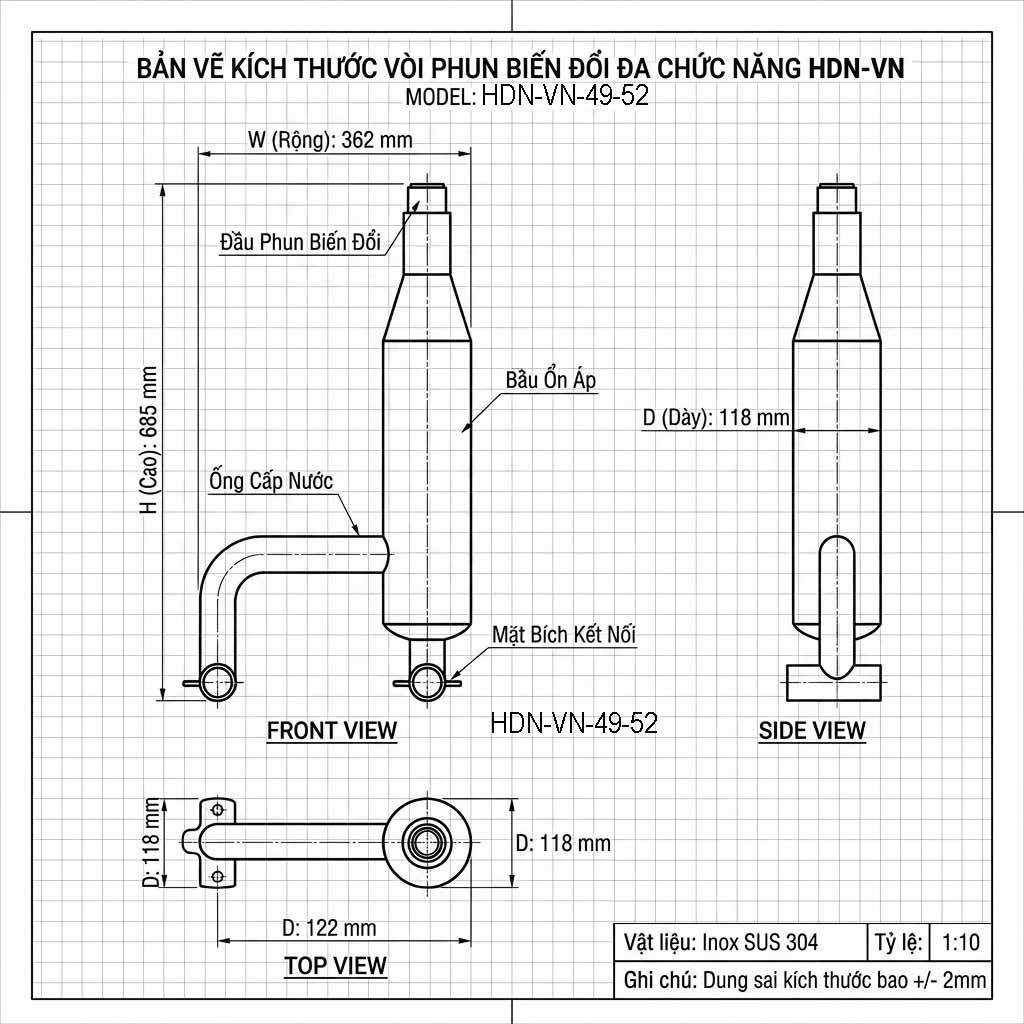 Bản vẽ kích thước vòi phun nước HDN-VN-49-52