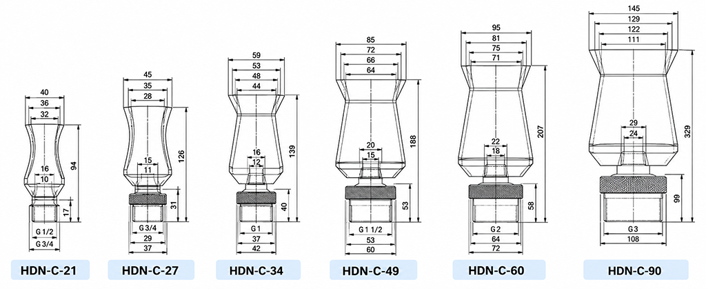 Bản vẽ kích thước Đầu phun sủi bọt hình cây thông Inox 304 khớp cầu chỉnh hướng