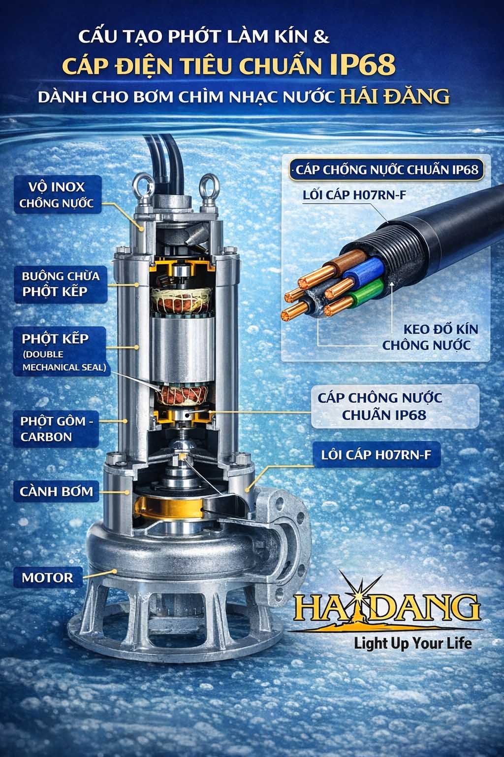 Cấu tạo phớt làm kín và cáp điện tiêu chuẩn IP68 của bơm chìm nhạc nước Hải Đăng