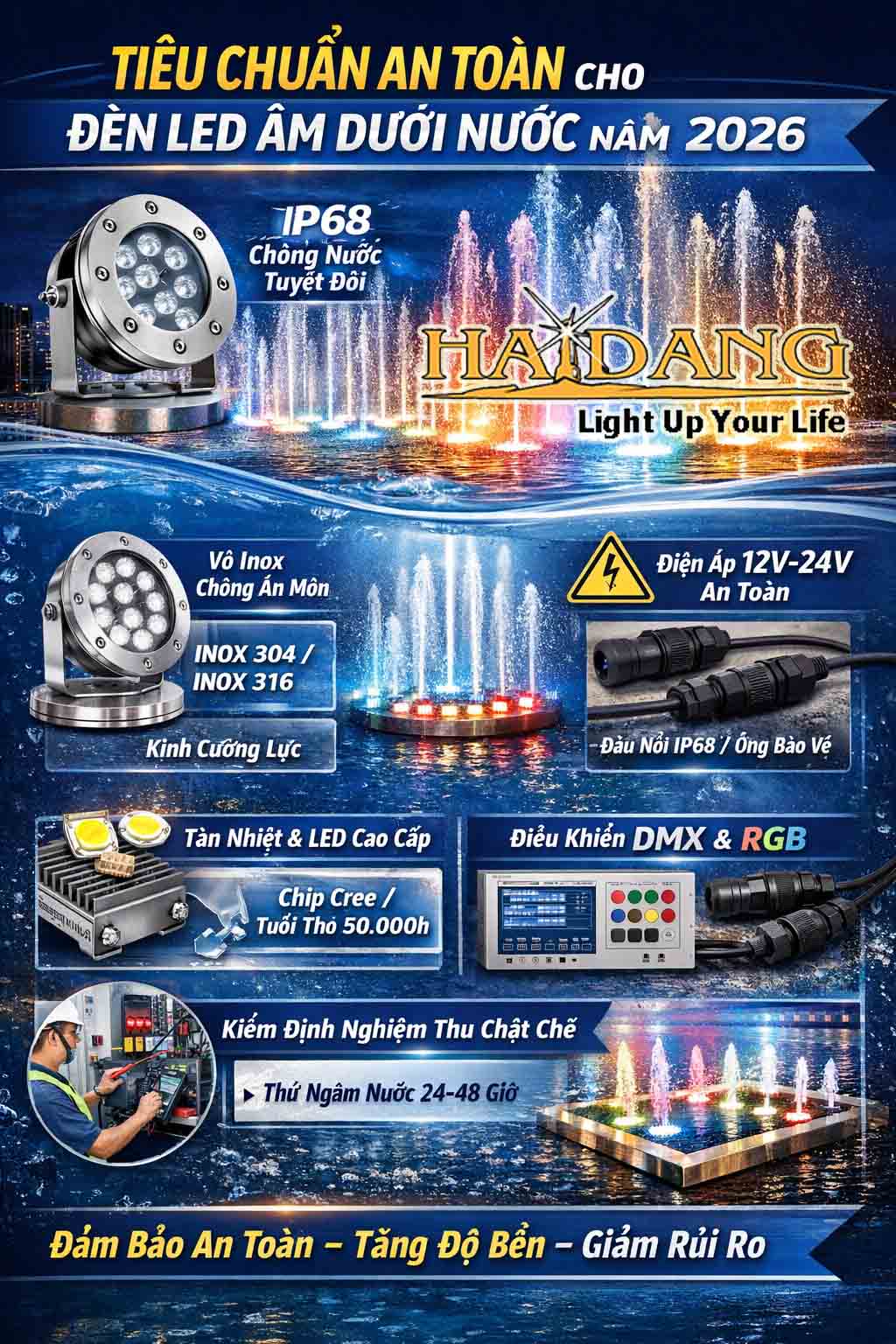 Tiêu Chuẩn An Toàn Cho Đèn LED Âm Dưới Nước Của Đài Phun Nước Và Nhạc Nước Năm 2026