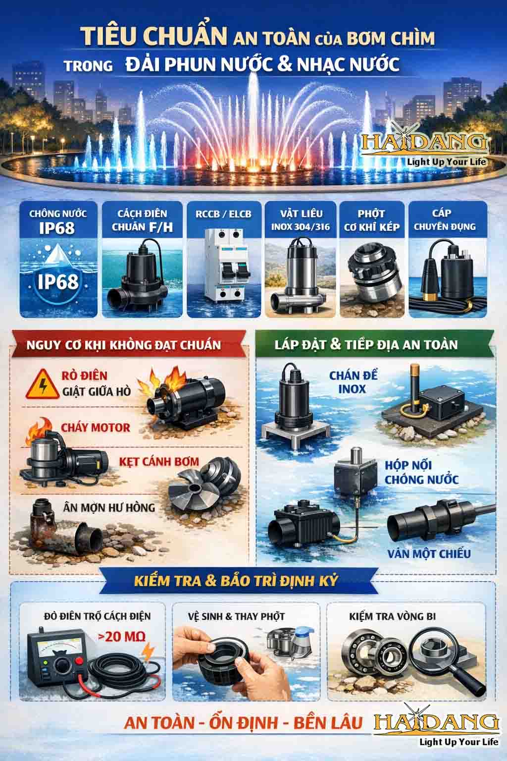Tiêu chuẩn an toàn của bơm chìm trong đài phun nước và nhạc nước – Hướng dẫn đầy đủ từ A–Z