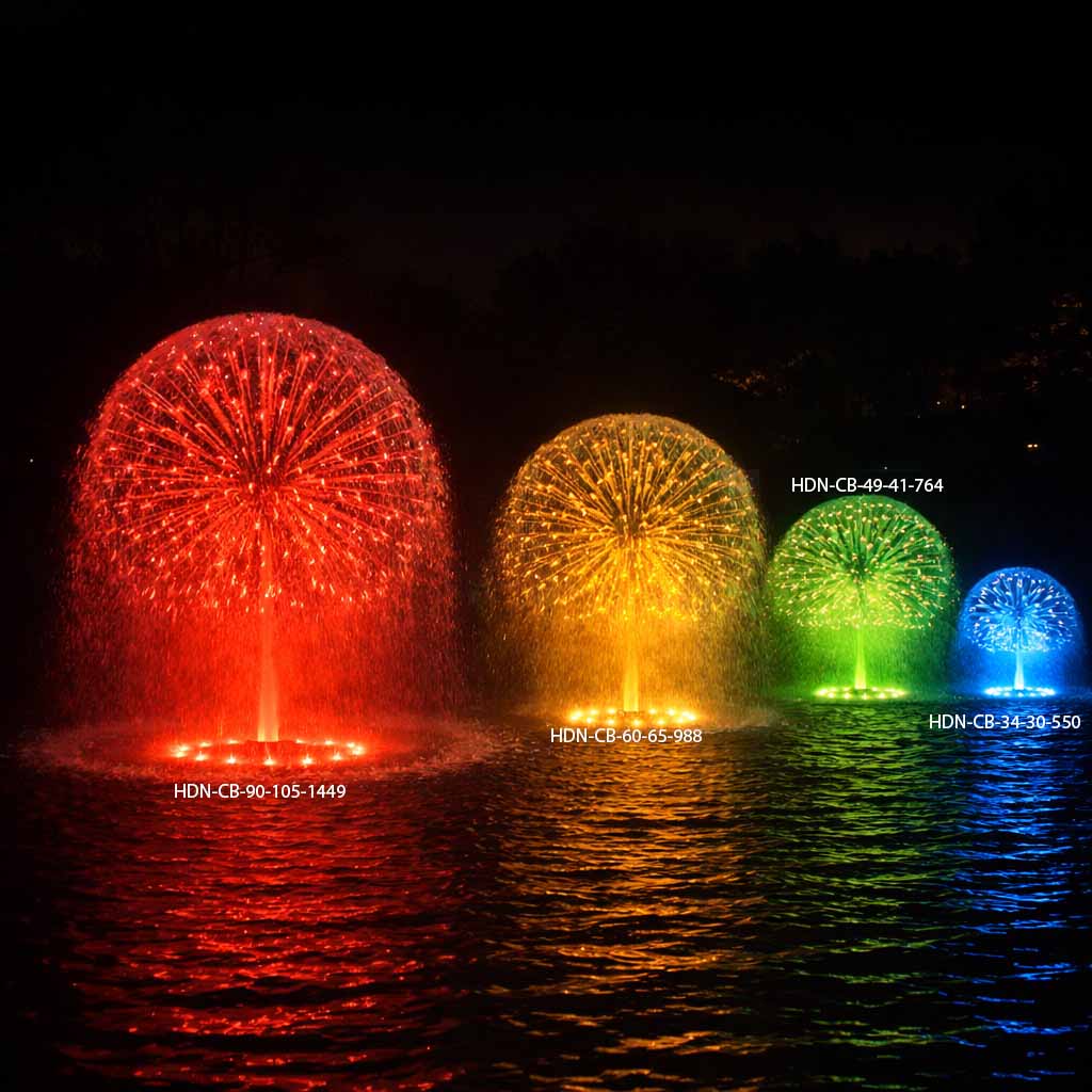 Vòi phun nước hình quả cầu inox 304 HDN-CB các kích thước với đèn LED chiếu sáng rực rỡ ban đêm