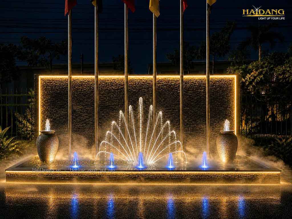 Đài phun nước đuôi chim công và lu phun nước kết hợp thác nước