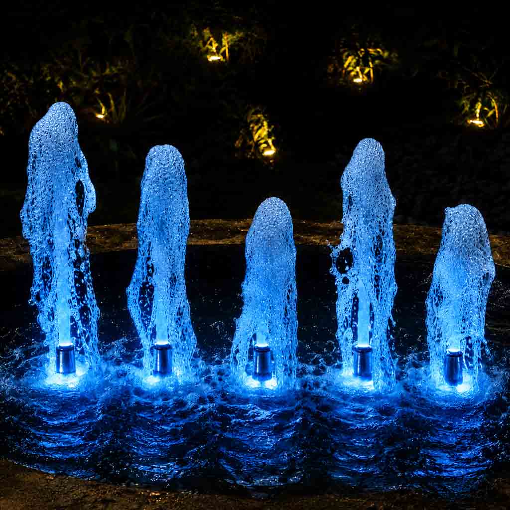 Đài phun nước nghệ thuật 5 vòi phun sủi bọt đèn led âm nước bánh xe màu Blue