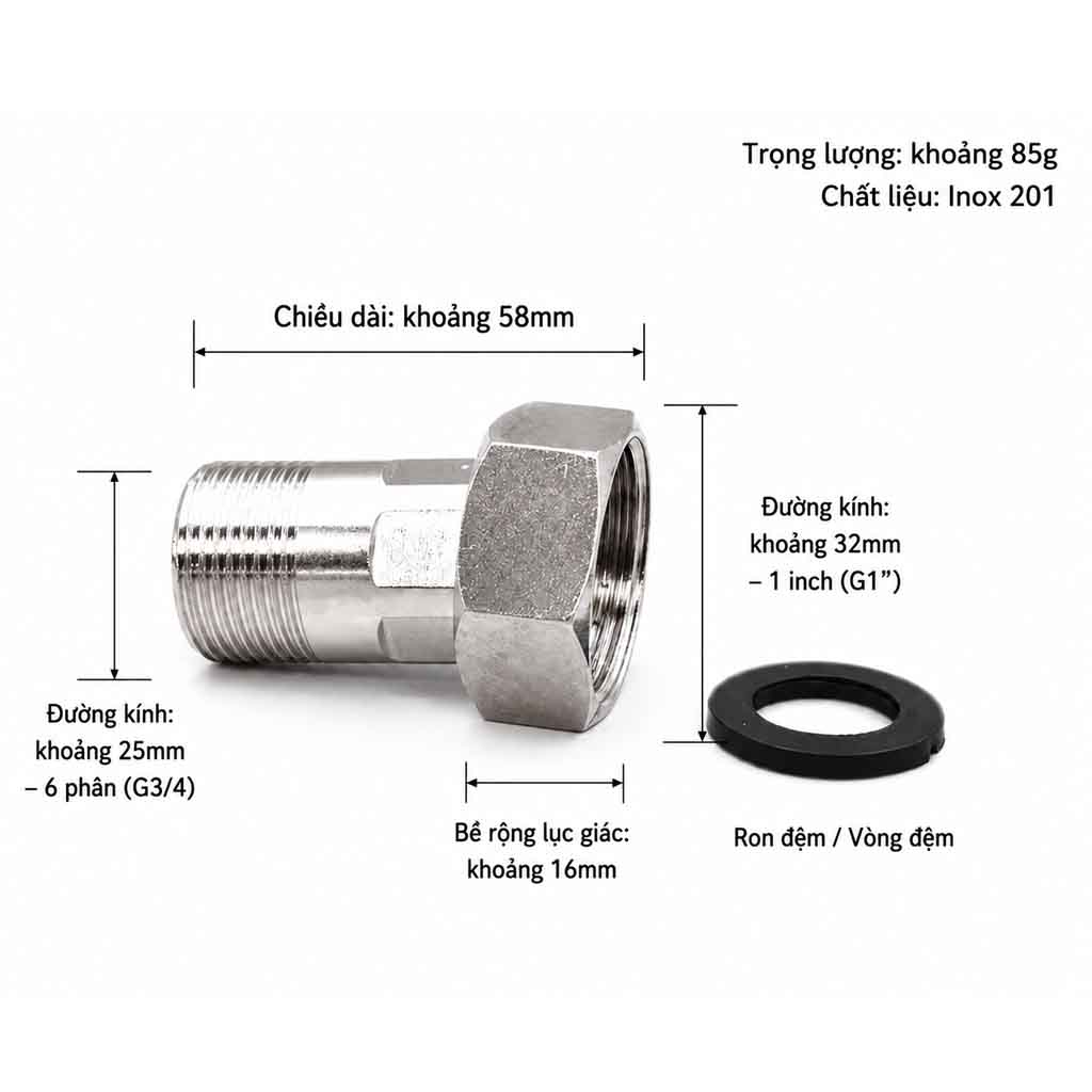 Khớp nối đồng hồ inox 304 ren ngoài D27 ren trong D34