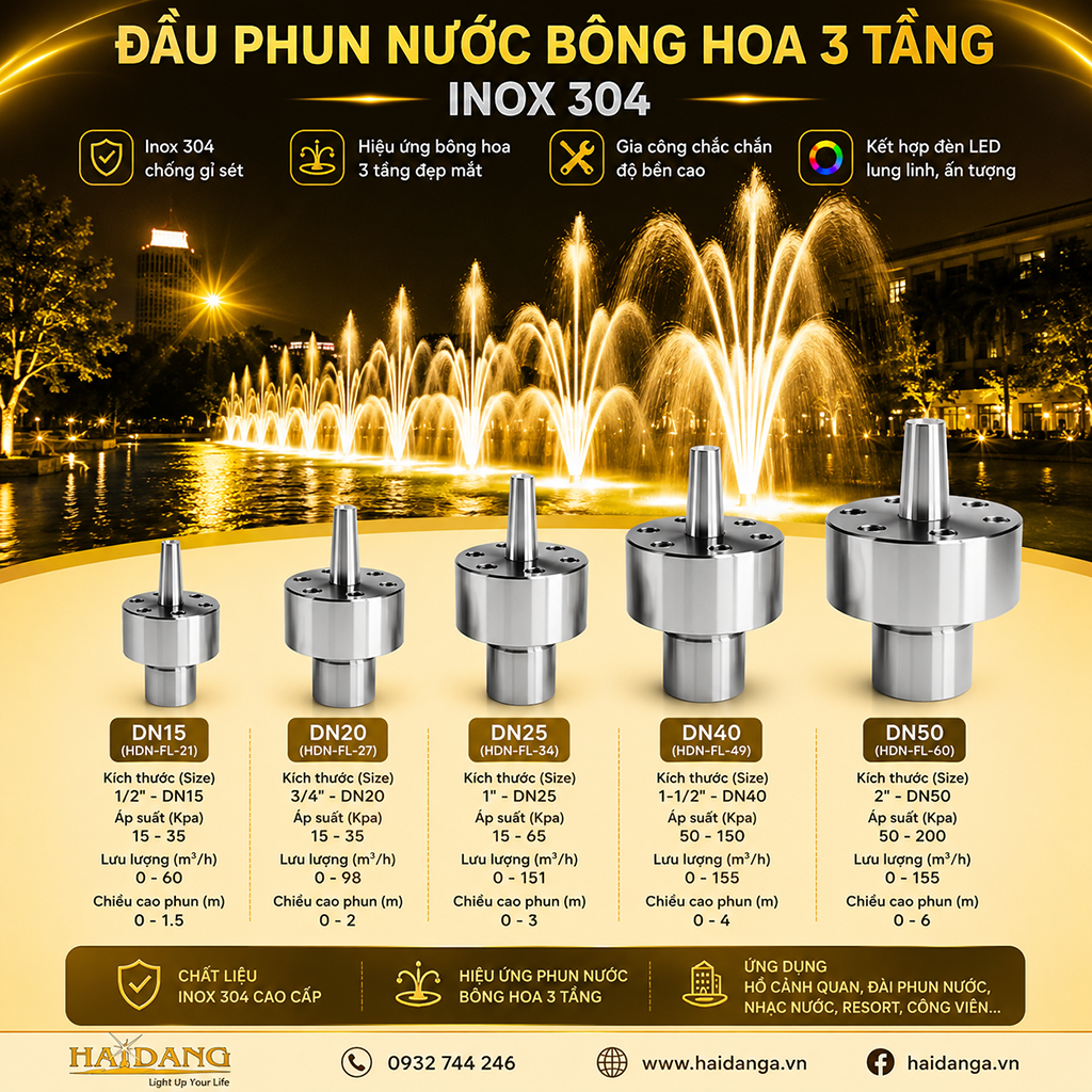 Tổng hợp thông số đặc trưng của đầu phun nước hình bông hoa 3 tầng