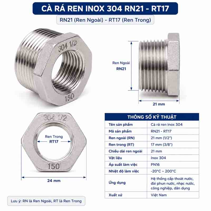 Cà rá ren inox 304 nối giảm ren ngoài ren trong Ren ngoài 21 ren trong 17 RN21-RT17