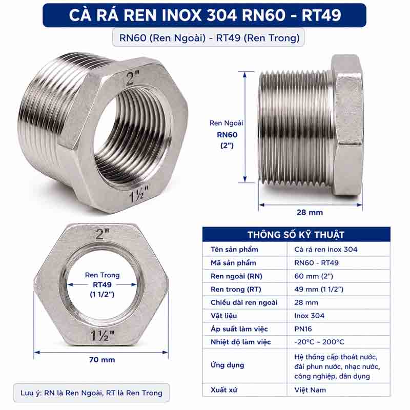 Cà rá ren inox 304 nối giảm ren ngoài ren trong Ren ngoài 60 ren trong 49 RN60-RT49
