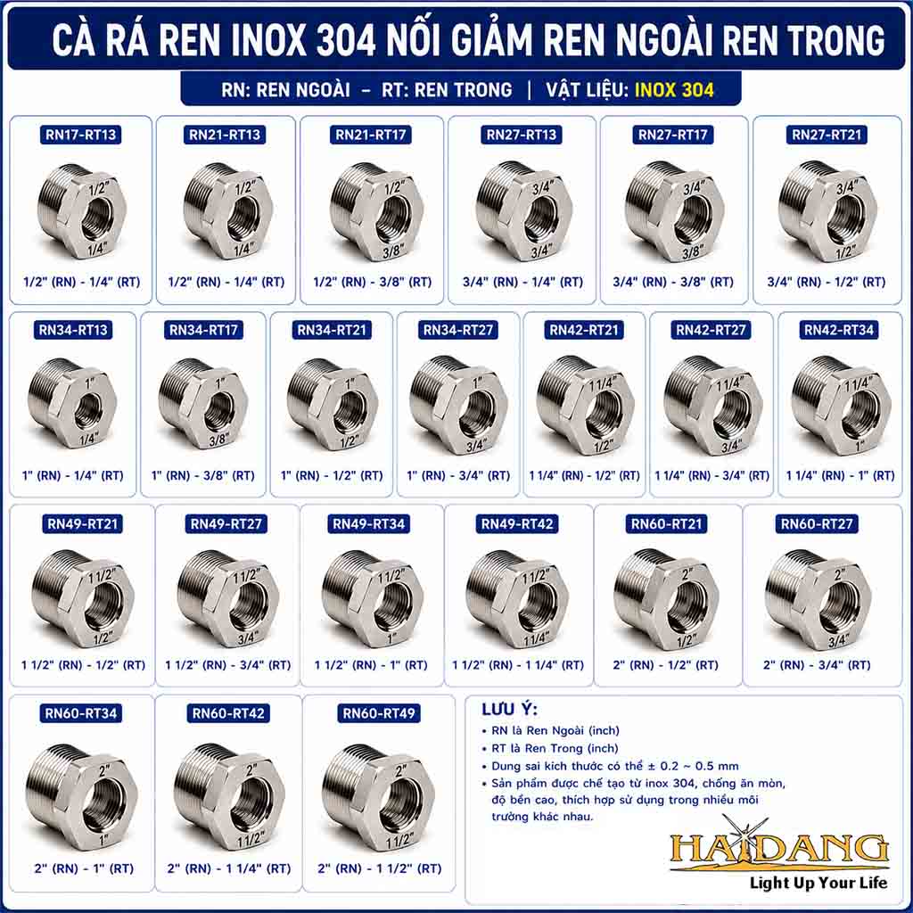 Cà rá ren inox 304 nối giảm ren ngoài ren trong các kích thước