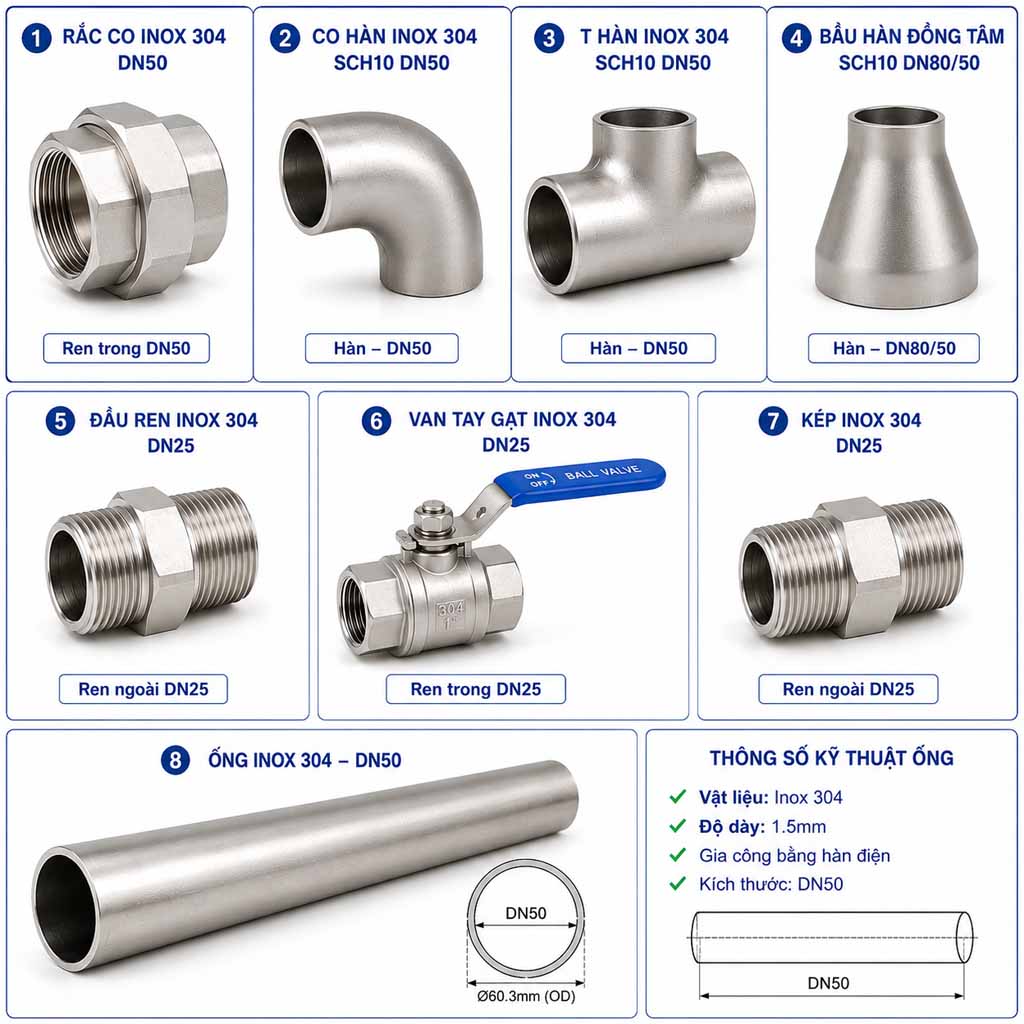 Đường ống van đầu ren và các phụ kiện cho hệ thống đài phun nước nhạc nước
