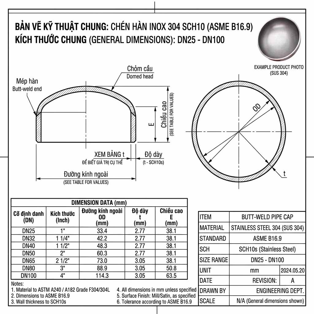 Kích thước và thông số kỹ thuật của Nắp Bịt Ống Hàn Đối Đầu Inox 304 dimension size