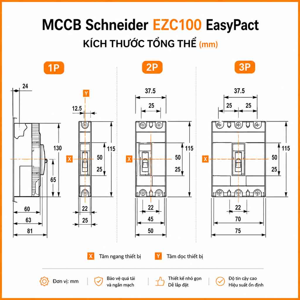 Bản vẽ kích thước MCCB Schneider EZC100 EasyPact Cầu dao tự động dạng khối