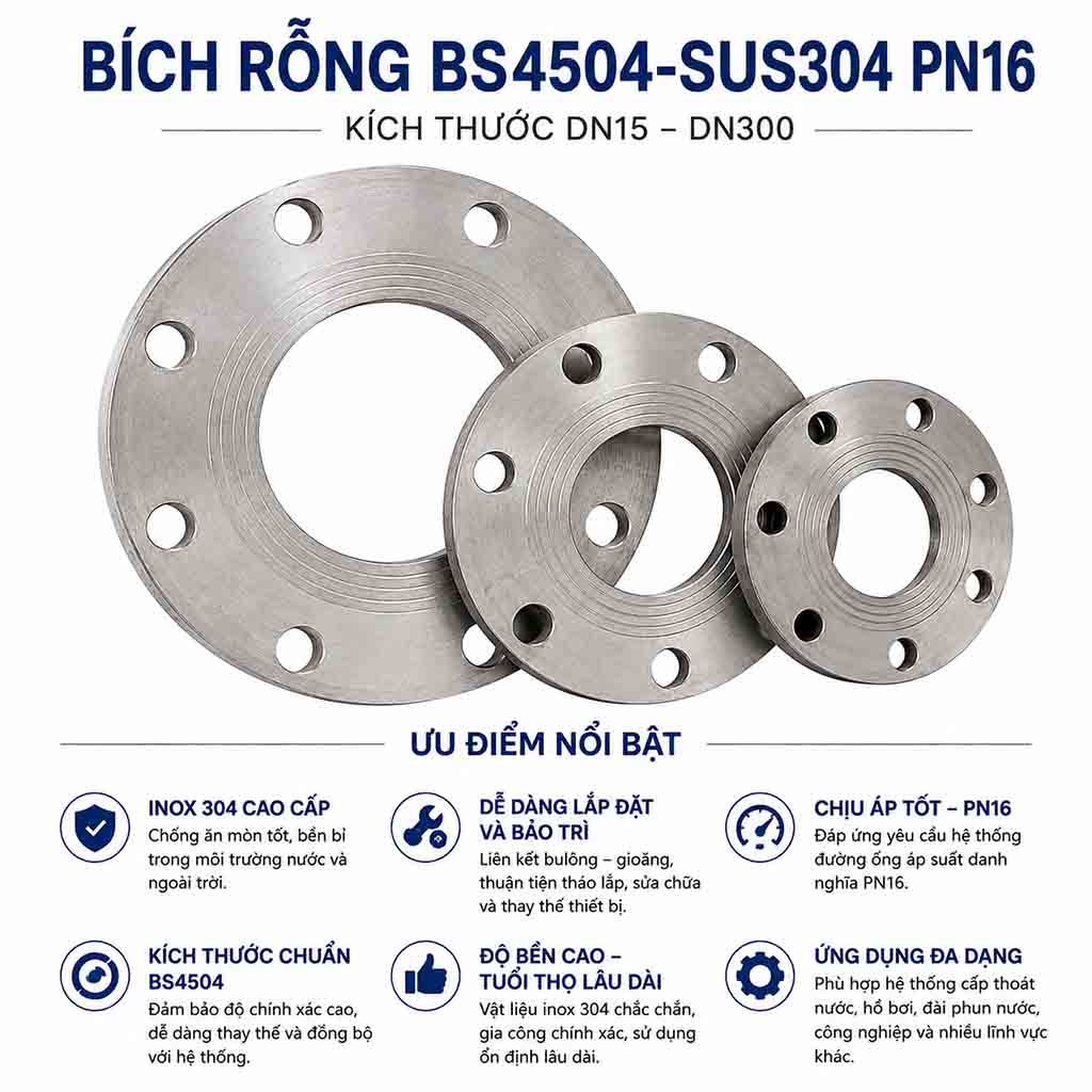 Bích rỗng BS4504-SUS304 PN16 Kích thước DN15 đến DN300