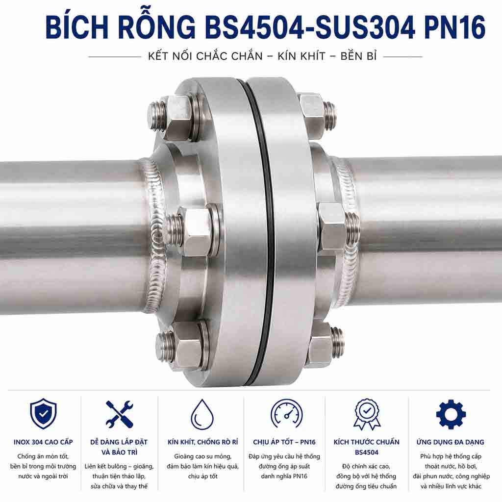 Ứng dụng mặt Bích rỗng BS4504-SUS304 PN16 Kích thước DN15 đến DN300