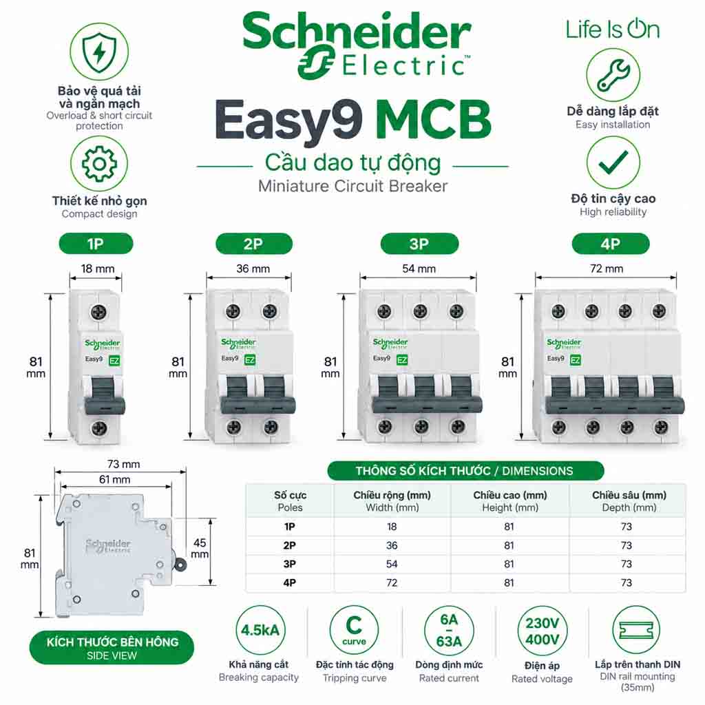 Bản vẽ kích thước của MCB Schneider Easy9 1P 2P 3P 4P 45kA - Cầu dao tự động