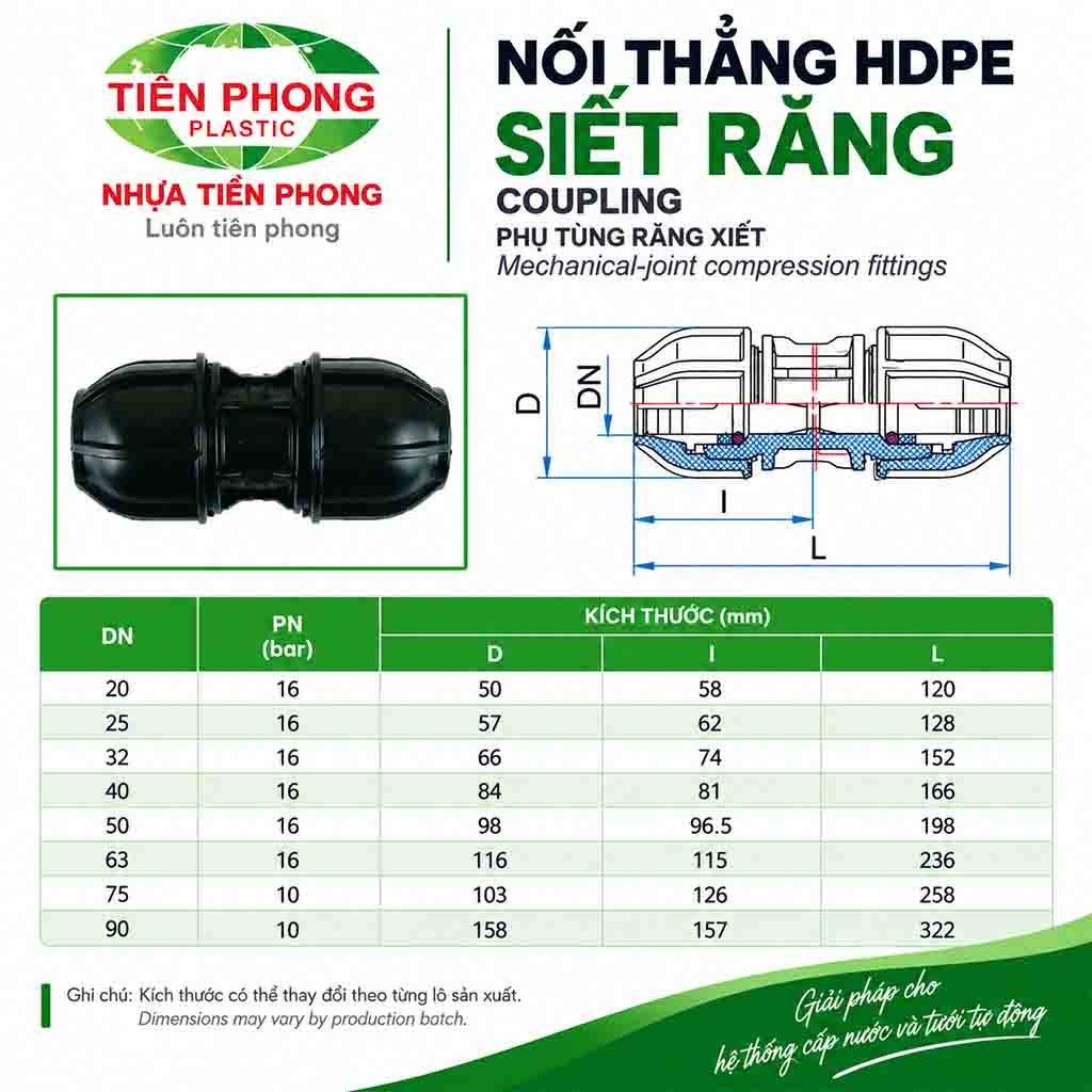 Thông số kỹ thuật bản vẽ kích thước của Nối thẳng HDPE Tiền Phong siết răng măng xông ren trong
