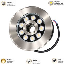 Đèn LED Âm Nước Bánh Xe 9W Inox 304 IP68 24V ánh sáng đỏ xanh lá xanh dương vàng đổi màu tự động đổi 7 màu điều khiển màu dmx 512 tuỳ chọn