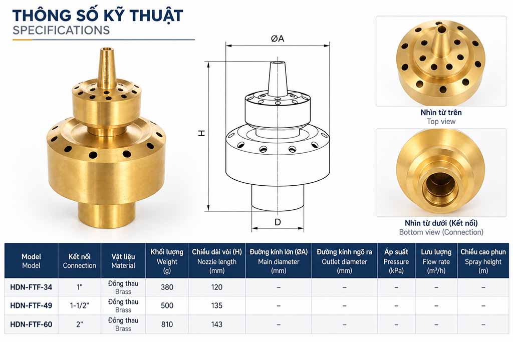 Thông số kỹ thuật kích thước Đầu Phun Nước Bông Hoa 4 Tầng Bằng Đồng Thau – HDN-FTF