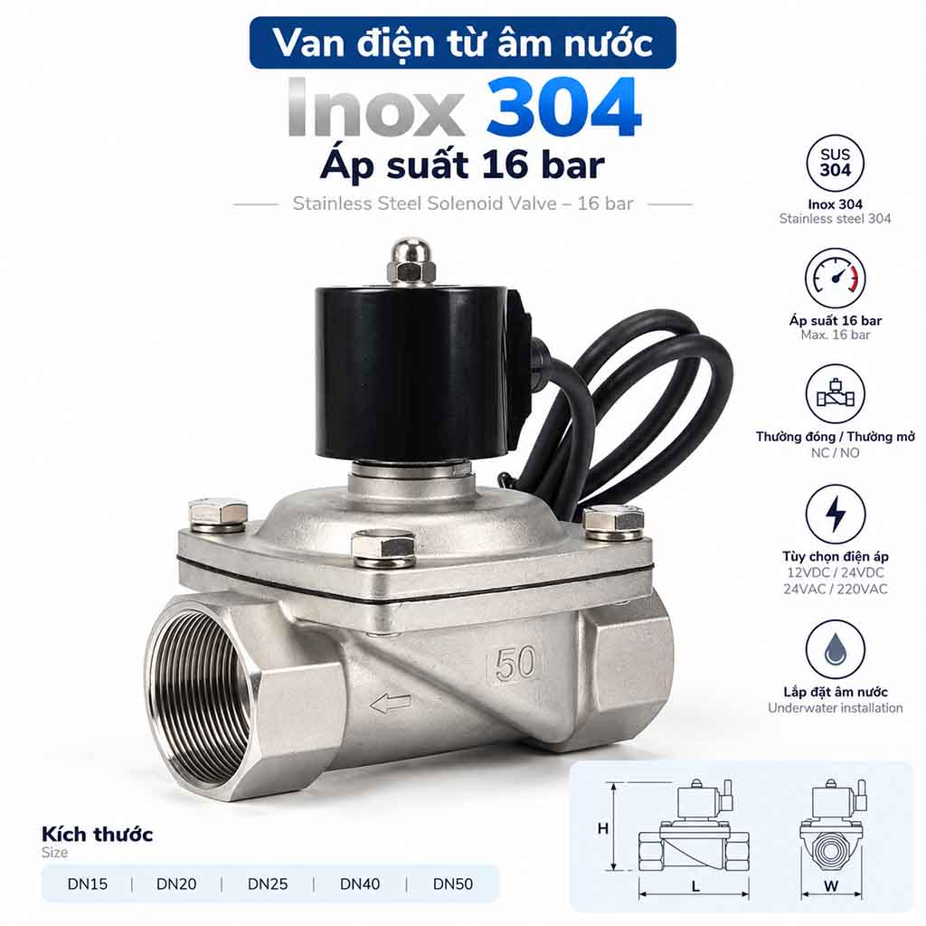 Van điện từ âm nước inox 304 áp suất 16 bar